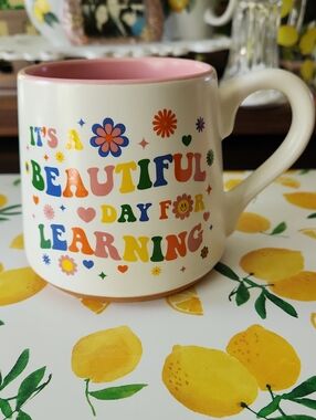 Colorful 'It's a Beautiful Day for Learning' Ceramic Coffee Mug - Pink Interior